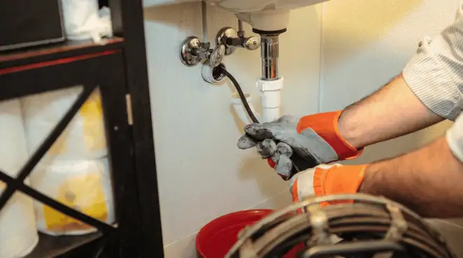 Drain cleaning technician using a motorized plumbing snake to clear a clogged sink pipe in Baltimore, MD